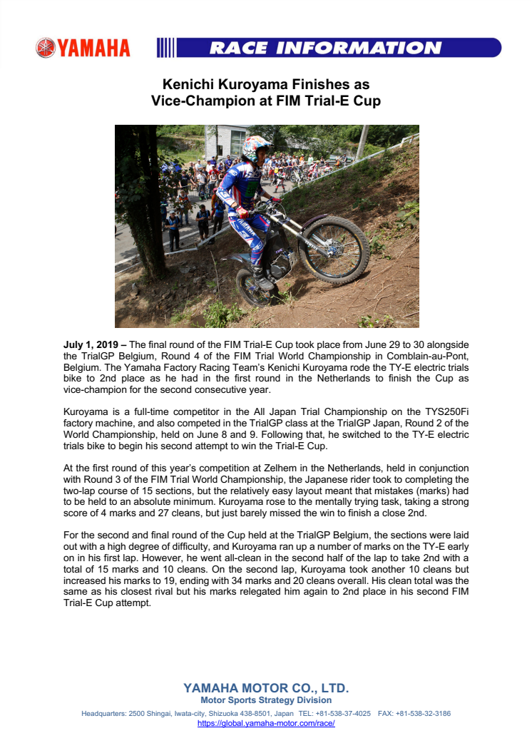 Kenichi Kuroyama Finishes as Vice-Champion at FIM Trial-E Cup
