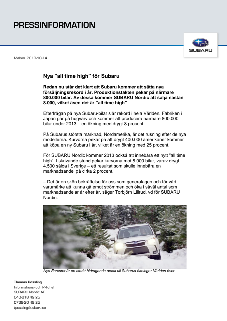 Nya ”all time high” för Subaru