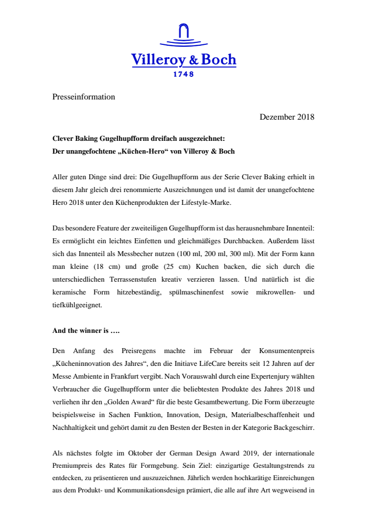 Clever Baking Gugelhupfform dreifach ausgezeichnet:  Der unangefochtene „Küchen-Hero“ von Villeroy & Boch