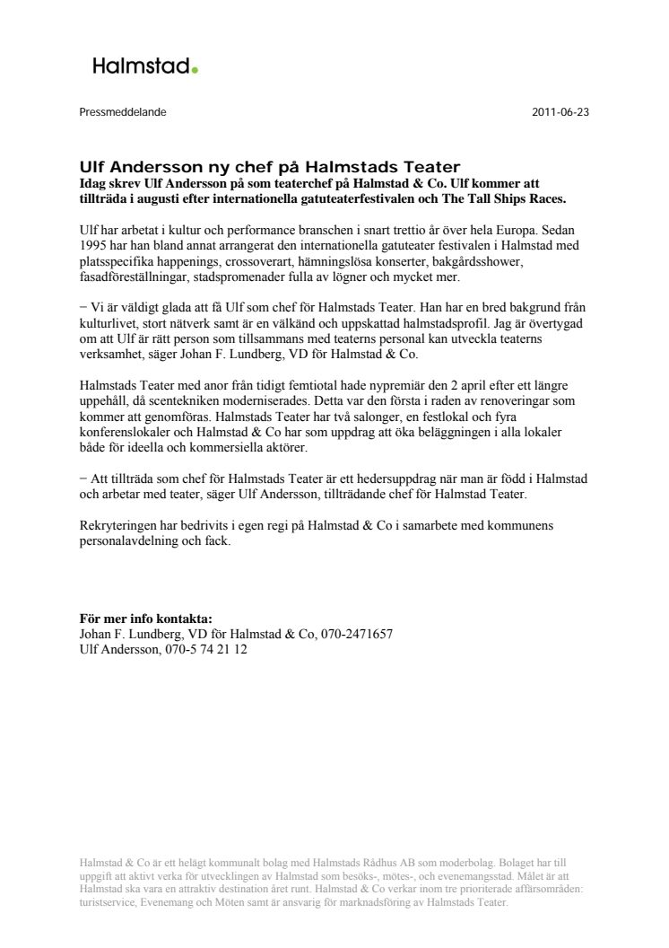 Ulf Andersson ny chef på Halmstads Teater
