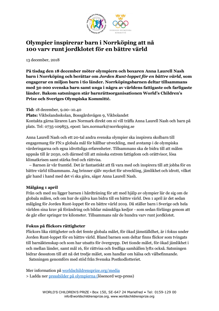 Olympier inspirerar barn i Norrköping att nå  100 varv runt jordklotet för en bättre värld 