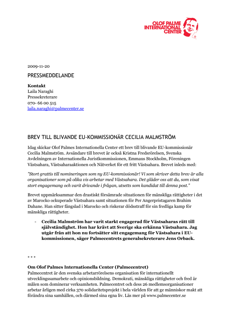 Brev till blivande EU-kommissionär Cecilia Malmström