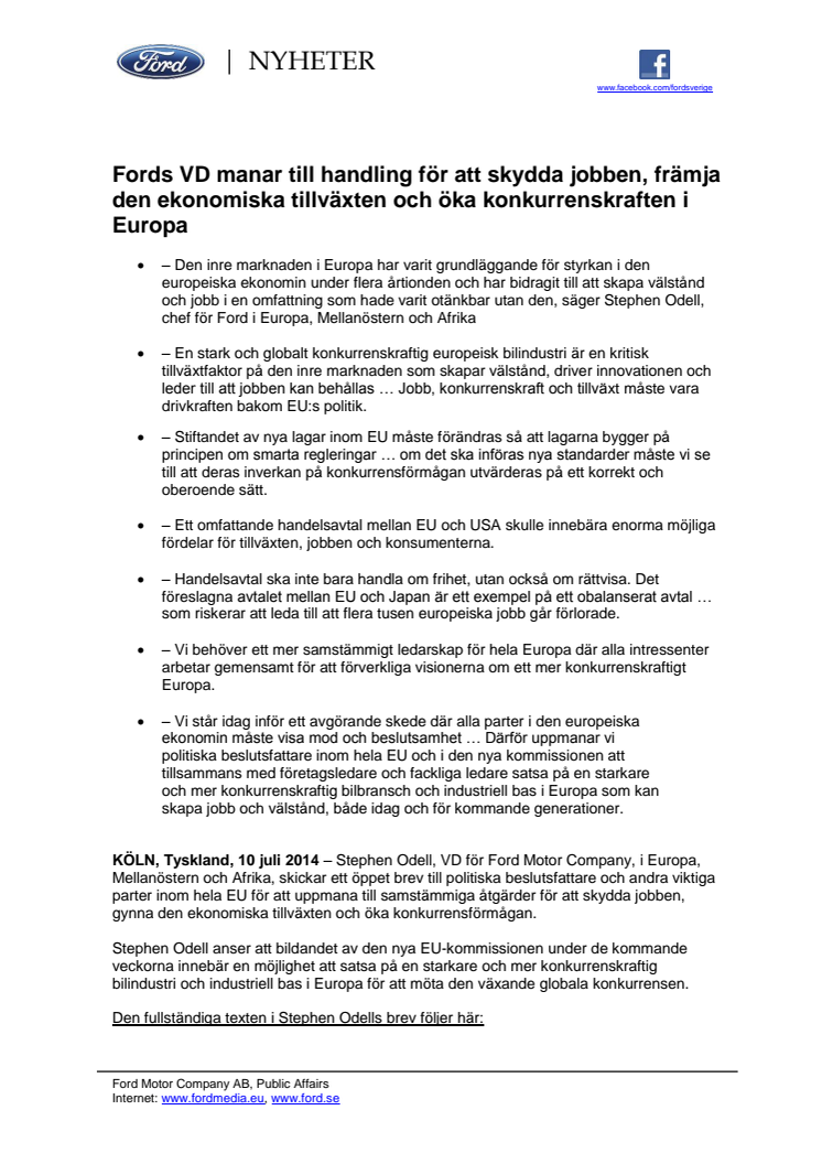 Öppet brev från Fords Executive Vice President: manar till handling för att skydda jobben, främja den ekonomiska tillväxten och öka konkurrenskraften i Europa 