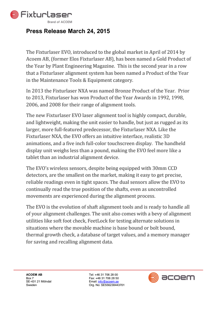 Fixturlaser rewarded with  Gold Product of the Year!