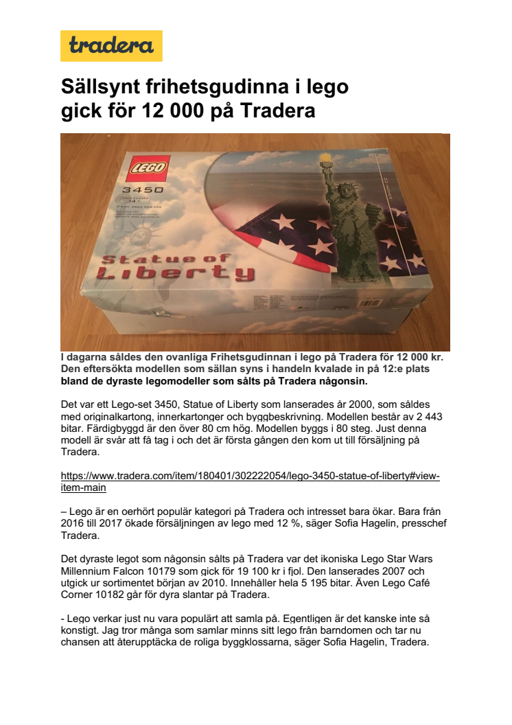 Sällsynt frihetsgudinna i lego  gick för 12 000 på Tradera
