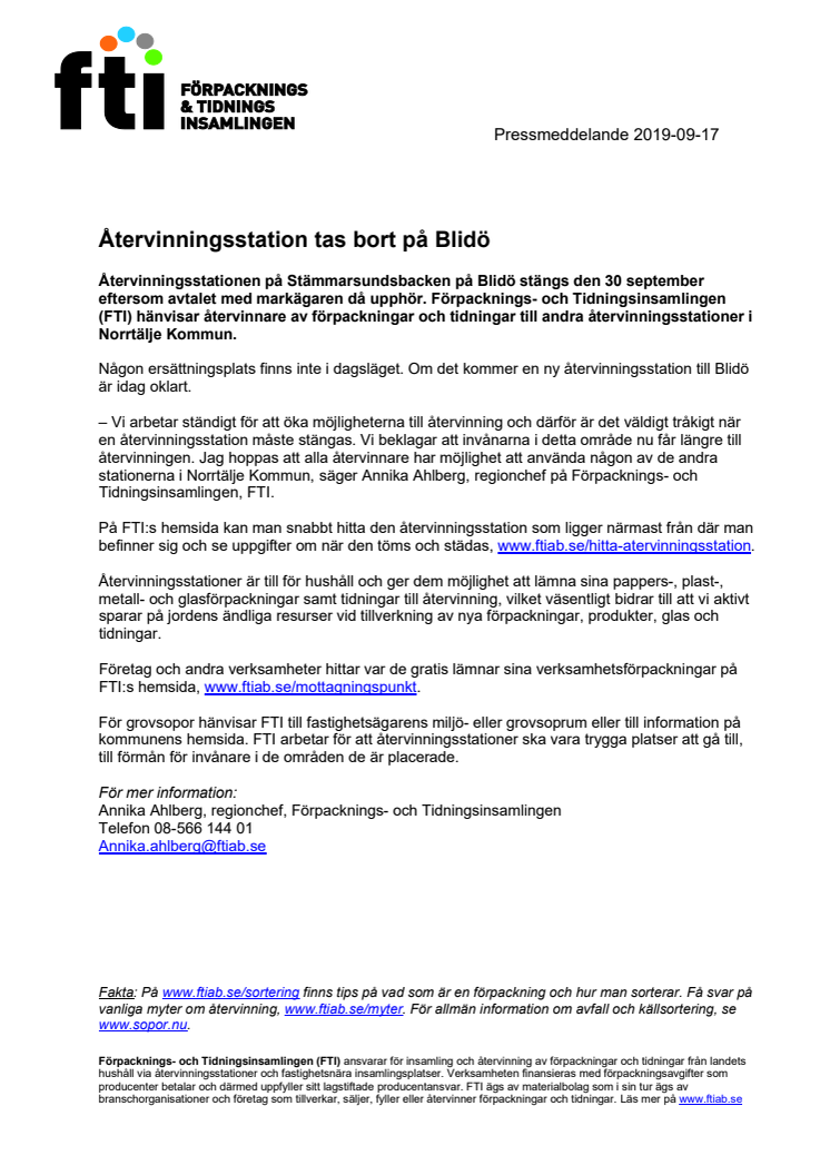 Återvinningsstation tas bort på Blidö