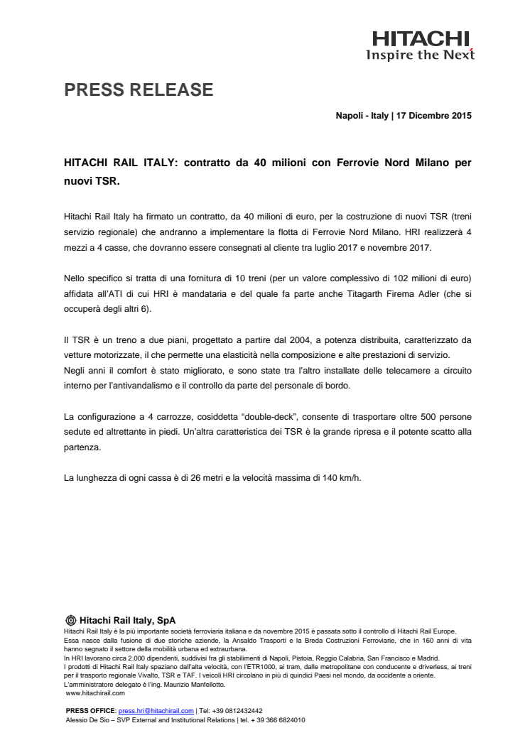 Contratto da 40 milioni con Ferrovie Nord Milano per nuovi TSR