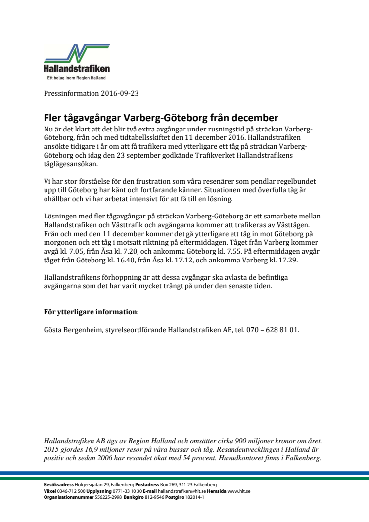 Fler tågavgångar Varberg-Göteborg från december