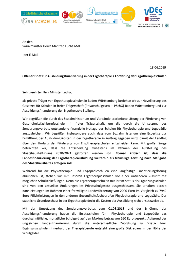 Offener Brief zur Ausbildungsfinanzierung in der Ergotherapie/Forderung der Ergotherapieschulen