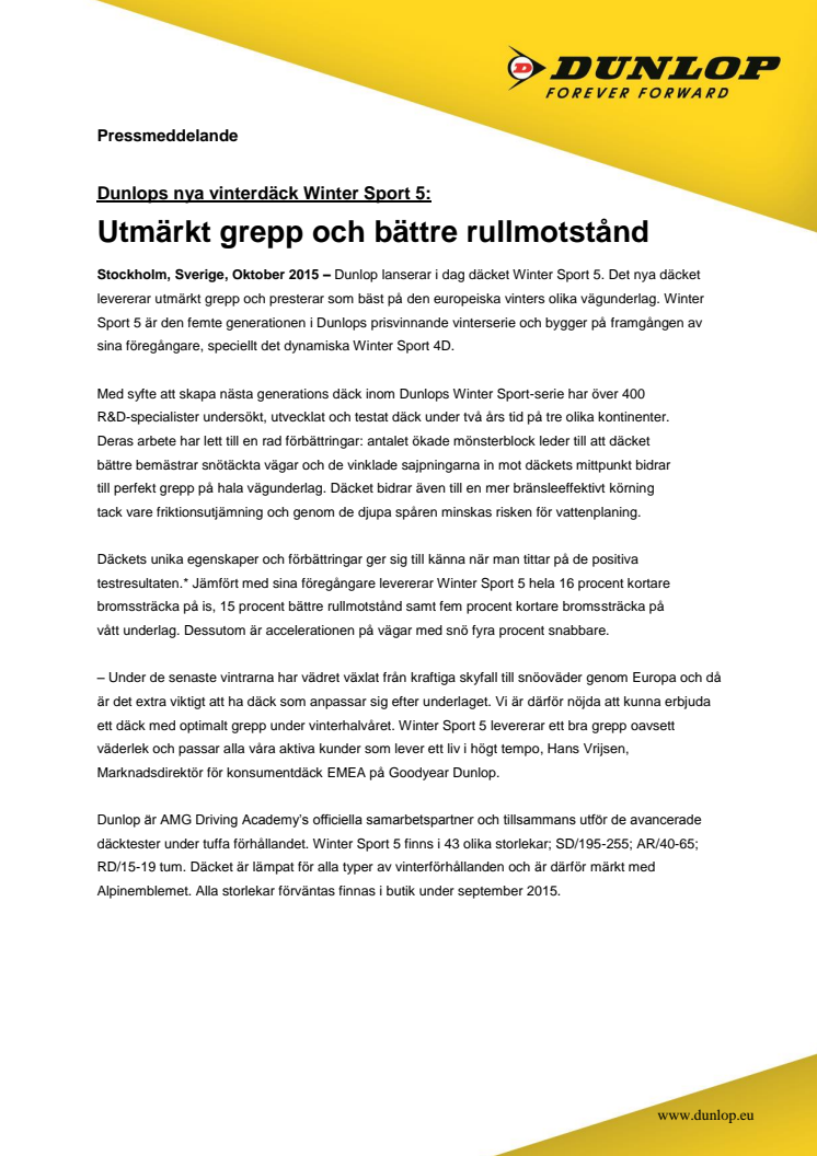Dunlops nya vinterdäck Winter Sport 5: Utmärkt grepp och bättre rullmotstånd