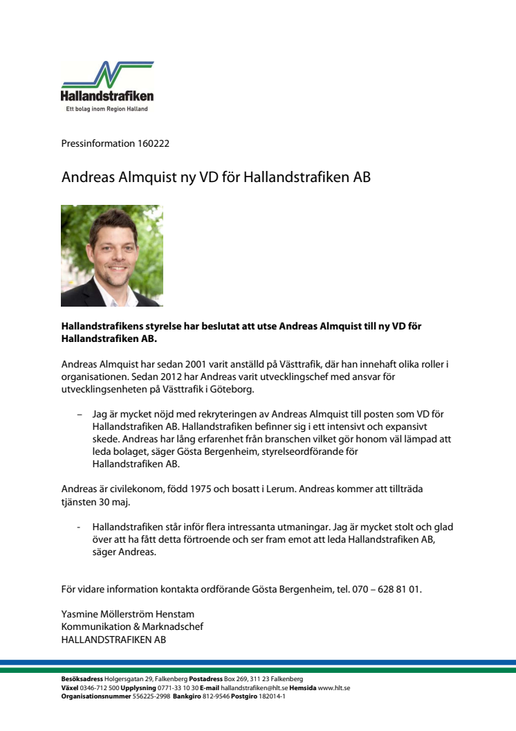 Andreas Almquist ny VD för Hallandstrafiken AB