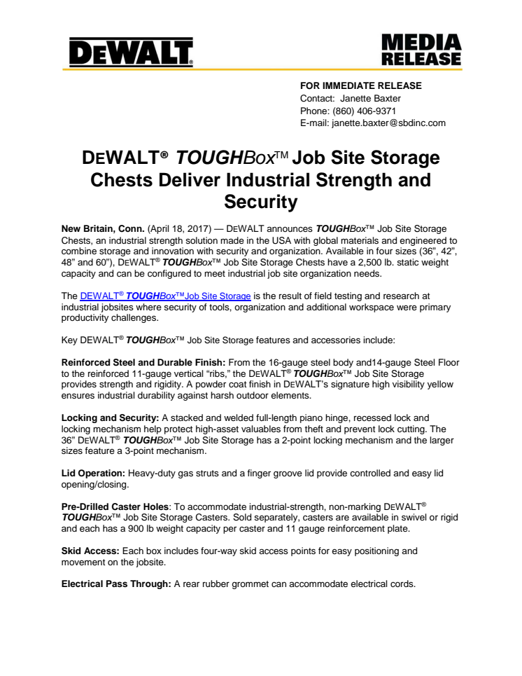 DEWALT® TOUGHBox™ Job Site Storage Chests Deliver Industrial Strength and Security