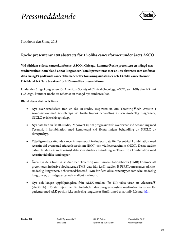 ​Roche presenterar 180 abstracts för 13 olika cancerformer under årets ASCO