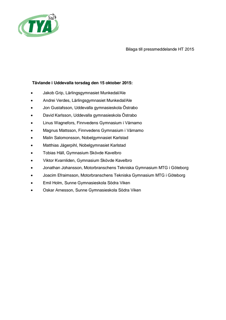 Lista på deltagande elever på Kvaltävlingen i Uddevalla