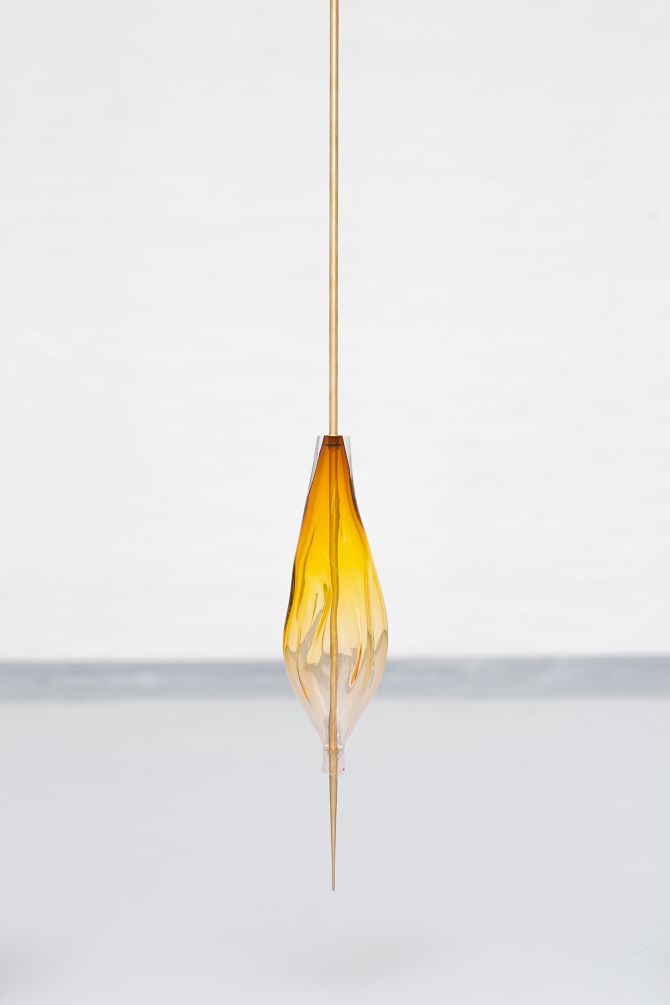 Glass spear by Kasper Friis Kjeldgaard, brass and glass, The animated object 2018