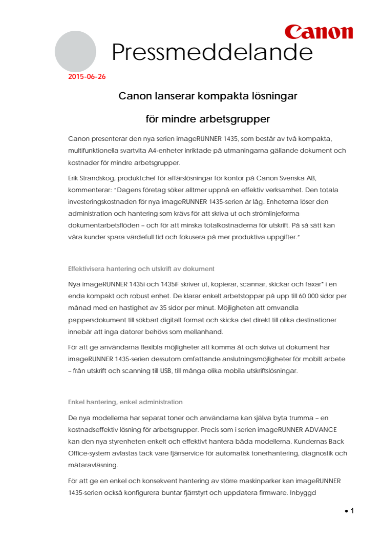 Canon lanserar kompakta lösningar  för mindre arbetsgrupper