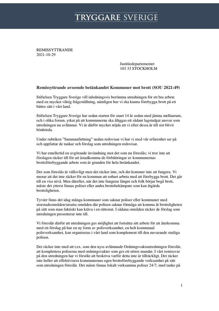 Remissvar Kommuner mot brott (SOU 2021:41)