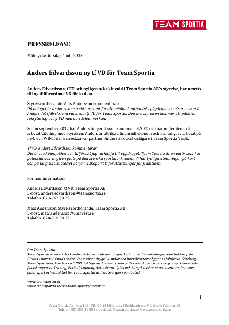 Anders Edvardsson ny tf VD för Team Sportia
