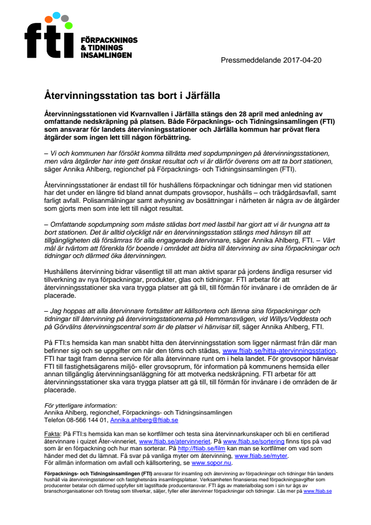 Återvinningsstation tas bort i Järfälla