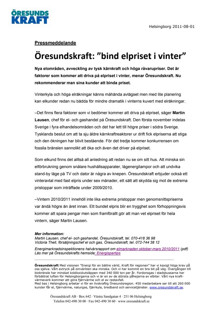 Öresundskraft: ”bind elpriset i vinter”