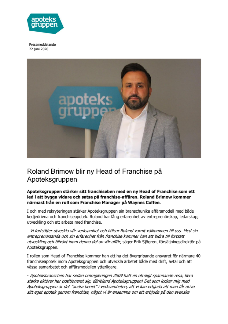 Roland Brimow blir ny Head of Franchise på Apoteksgruppen 