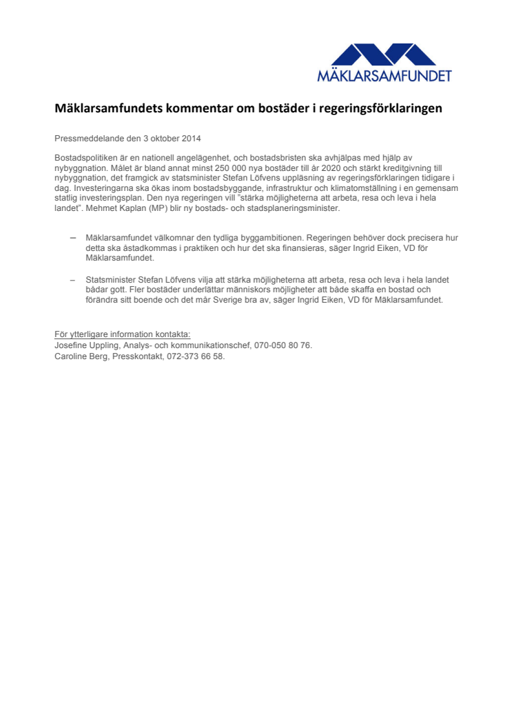 Mäklarsamfundets kommentar om bostäder i regeringsförklaringen