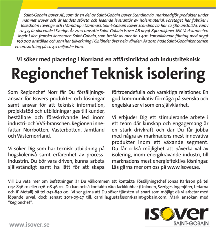 Regionchef för Teknisk isolering i Norrland sökes