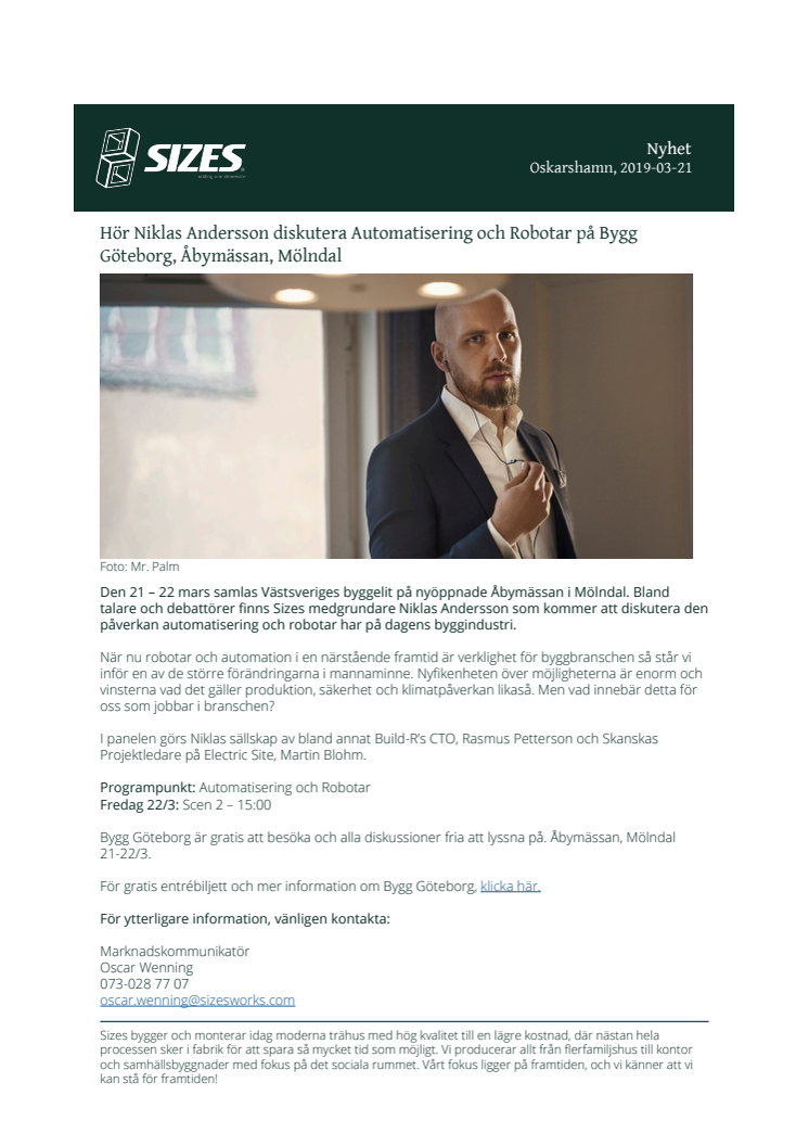 Hör Niklas Andersson diskutera Automatisering och Robotar på Bygg Göteborg, Åbymässan, Mölndal