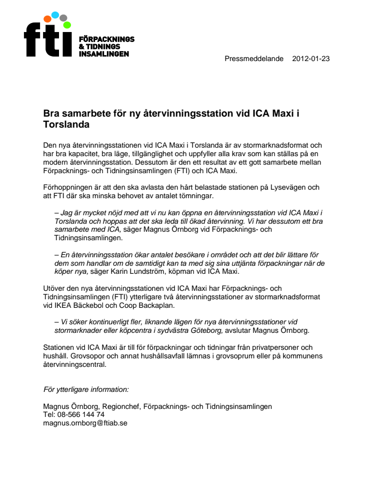 Bra samarbete för ny återvinningsstation vid ICA Maxi i Torslanda