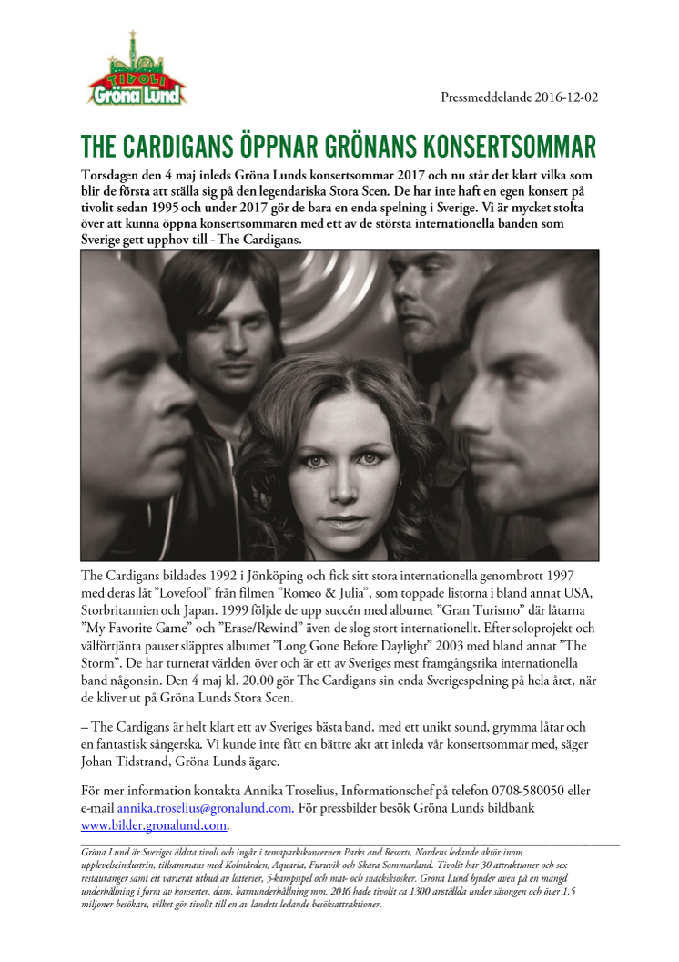The Cardigans öppnar Grönans konsertsommar