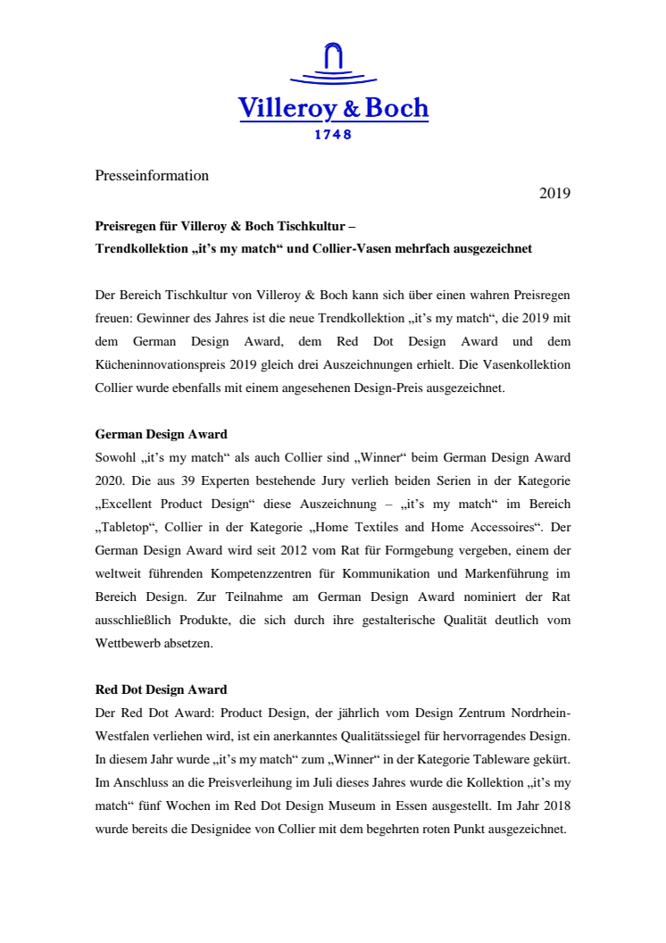 Preisregen für Villeroy & Boch Tischkultur – Trendkollektion „it’s my match“ und Collier-Vasen mehrfach ausgezeichnet