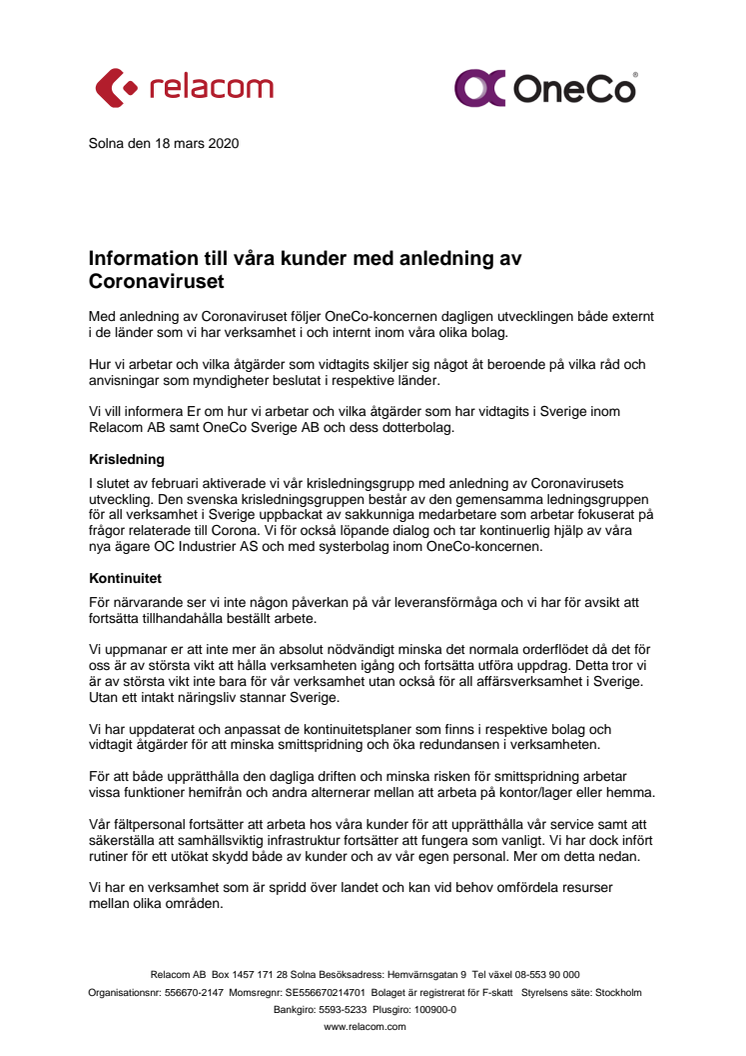 Information om corona till kunder och leverantörer