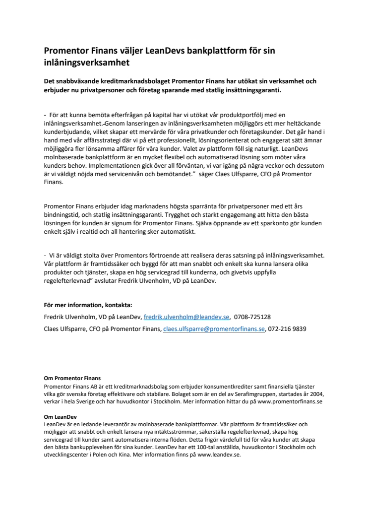 Promentor Finans väljer LeanDevs bankplattform för sin inlåningsverksamhet