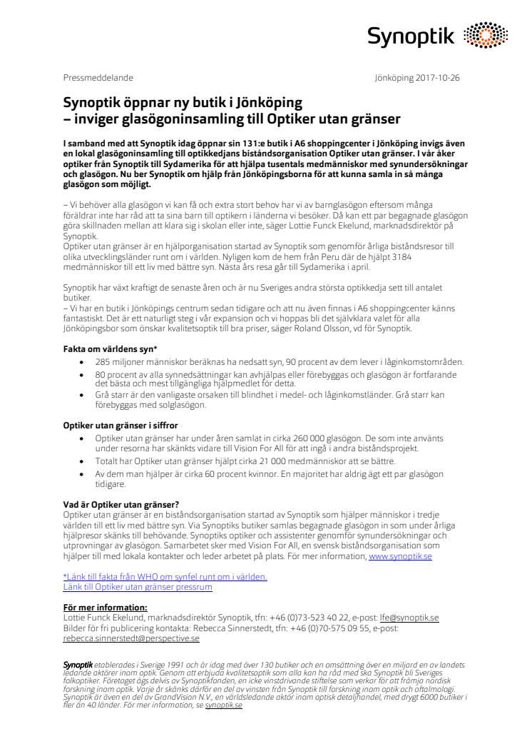 Synoptik öppnar ny butik i Jönköping  – inviger glasögoninsamling till Optiker utan gränser