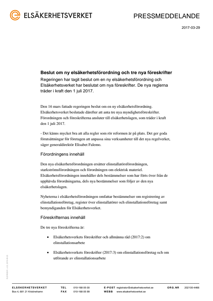 Beslut om ny elsäkerhetsförordning och tre nya föreskrifter