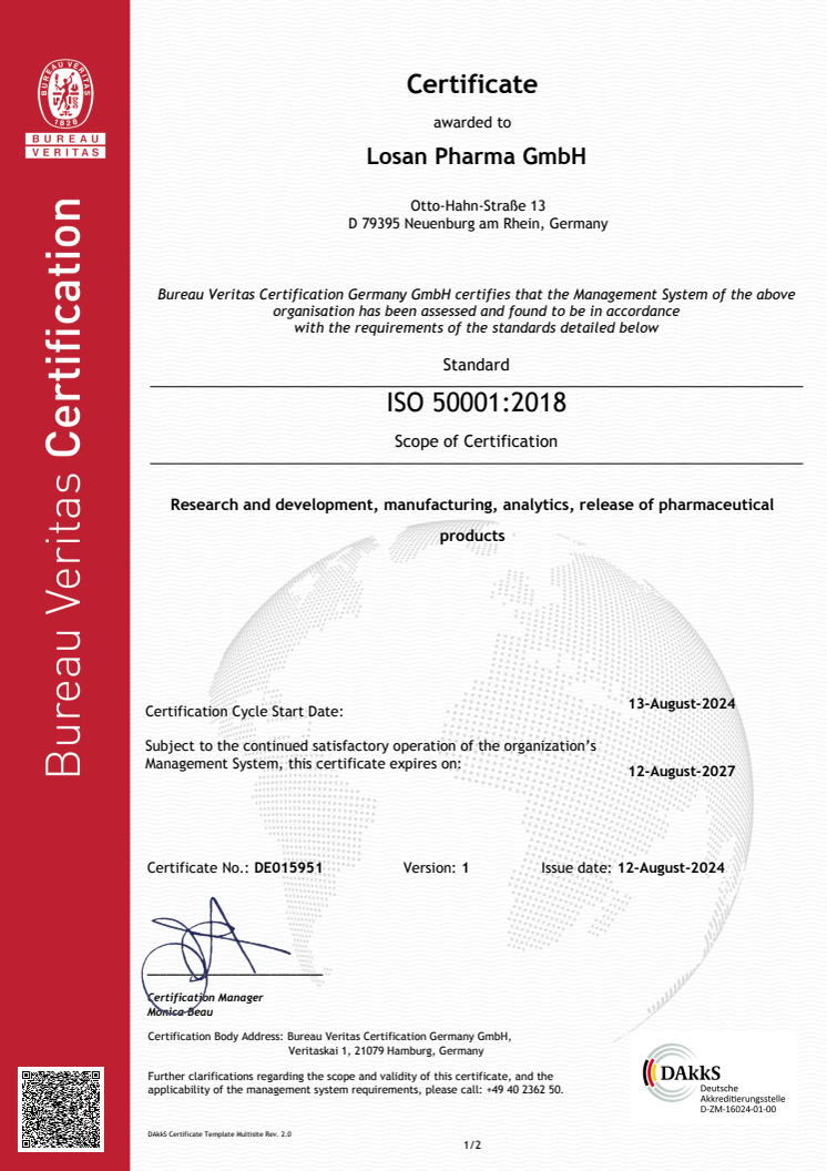 Certificate DE015951  LOSAN Pharma GmbH ISO 50001 Dakks EN