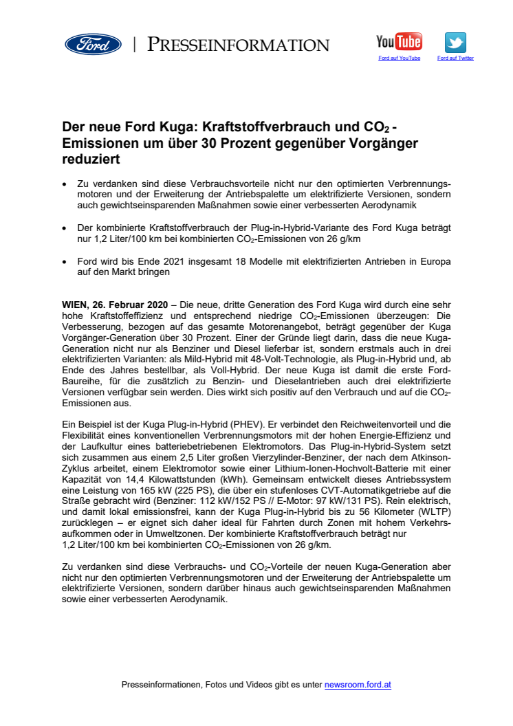 Der neue Ford Kuga: Kraftstoffverbrauch und CO2 -Emissionen um über 30 Prozent gegenüber Vorgänger reduziert 