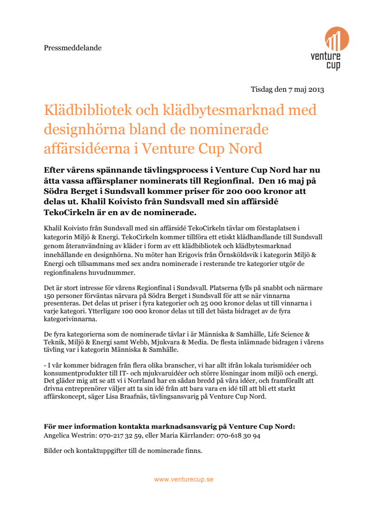 Klädbibliotek och klädbytesmarknad med designhörna bland de nominerade affärsidéerna i Venture Cup Nord