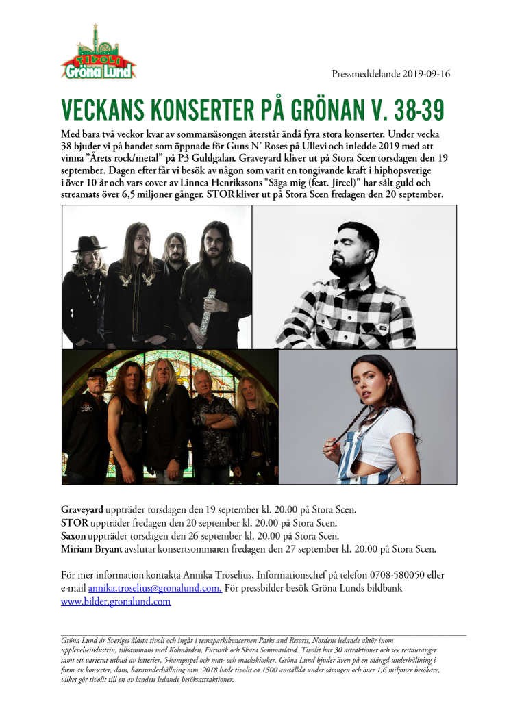 Veckans konserter på Grönan V. 38-39