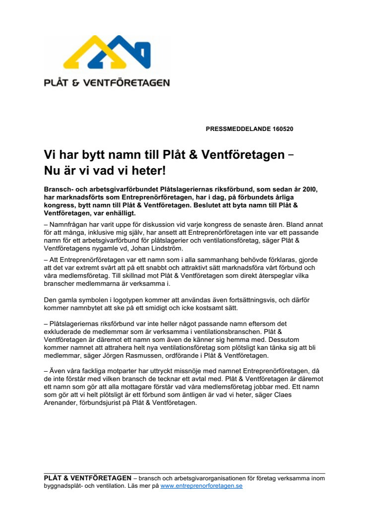 Vi har bytt namn till Plåt & Ventföretagen – Nu är vi vad vi heter!