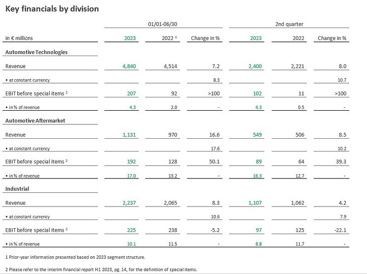 Key financials by division