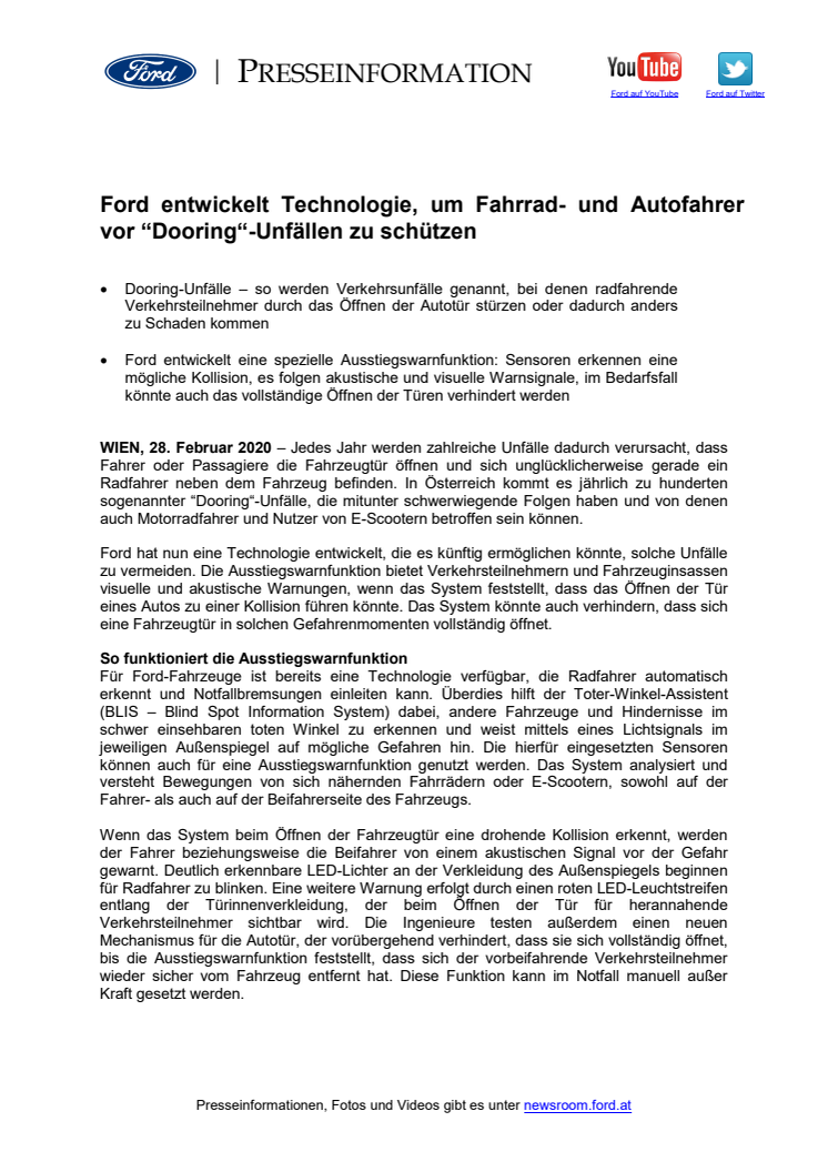 Ford entwickelt Technologie, um Fahrrad- und Autofahrer vor “Dooring“-Unfällen zu schützen