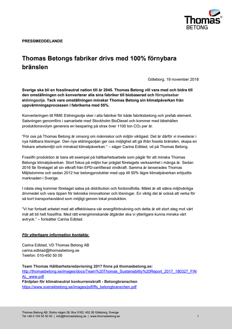 Thomas Betongs fabriker drivs med 100% förnybara bränslen