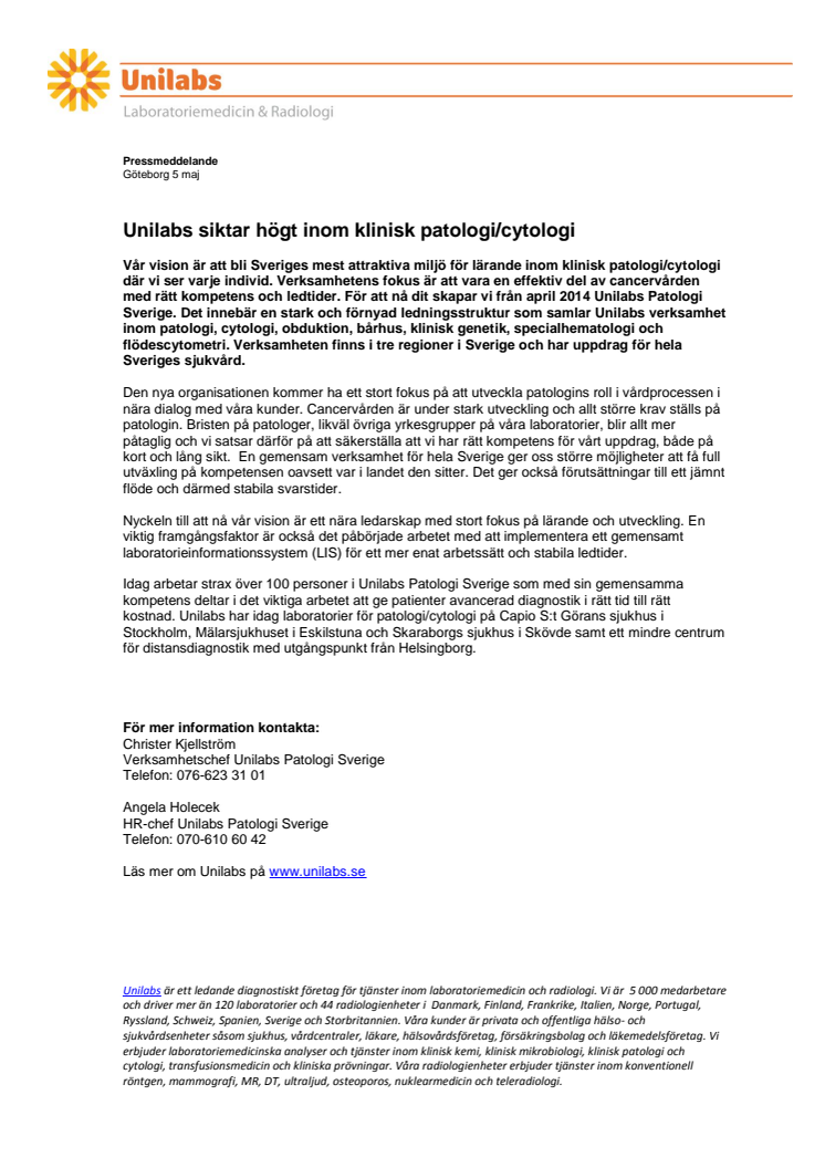 Unilabs siktar högt inom klinisk patologi/cytologi