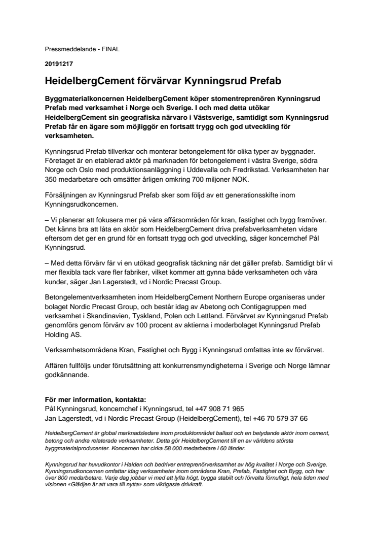 HeidelbergCement förvärvar Kynningsrud Prefab