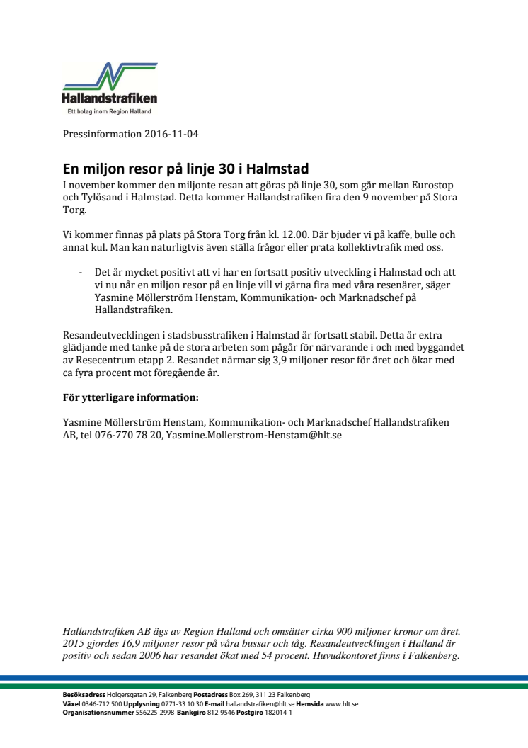 En miljon resor på linje 30 i Halmstad