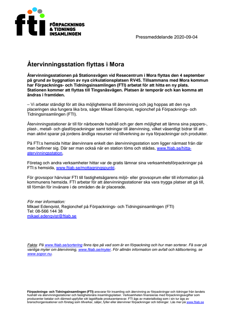 Återvinningsstation flyttas i Mora 