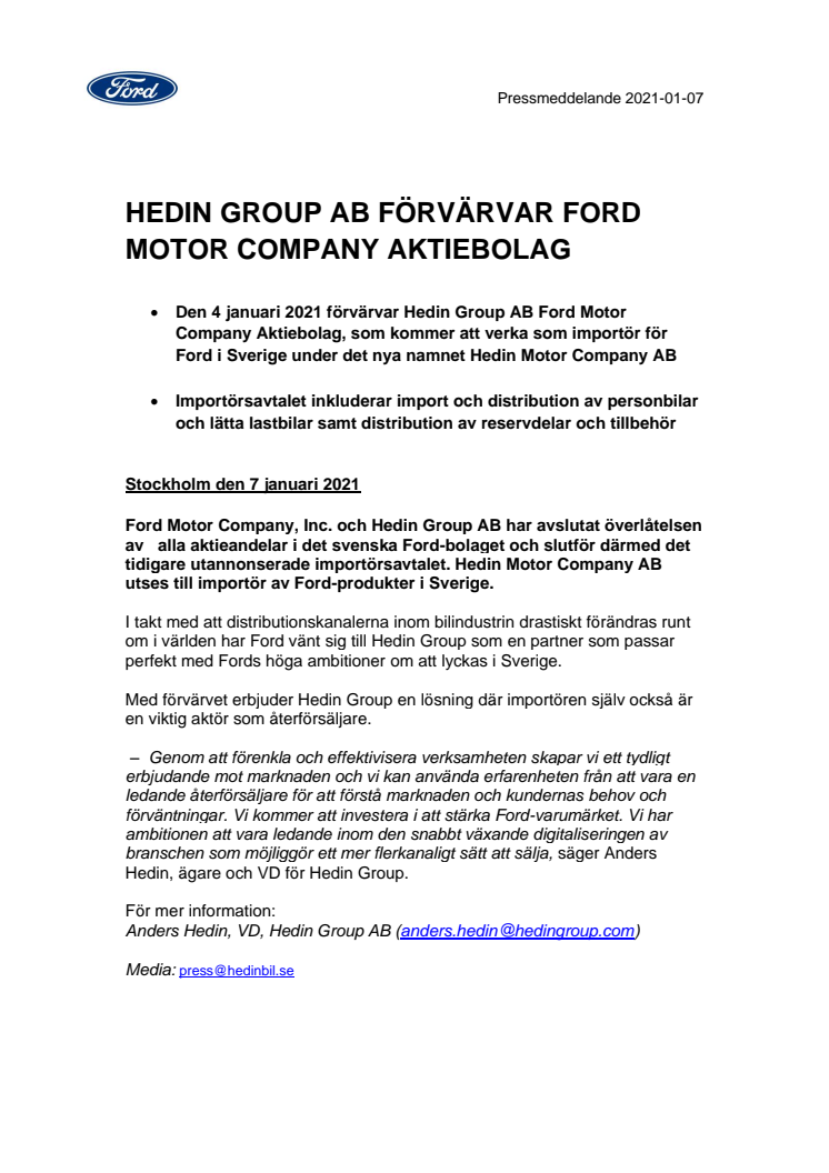 HEDIN GROUP AB FÖRVÄRVAR FORD MOTOR COMPANY AKTIEBOLAG