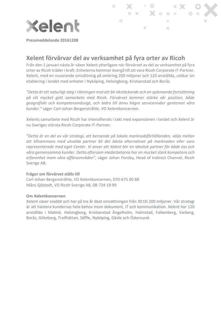 Xelent förvärvar del av verksamhet på fyra orter av Ricoh 