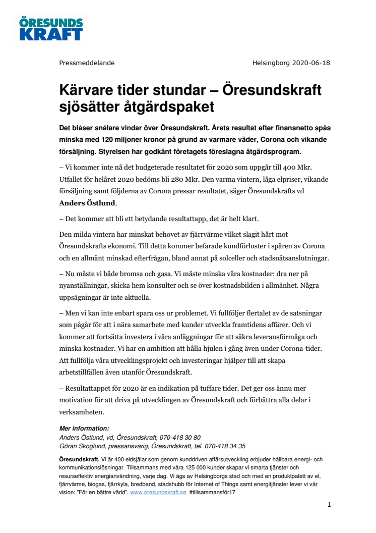 Kärvare tider stundar – Öresundskraft sjösätter åtgärdspaket